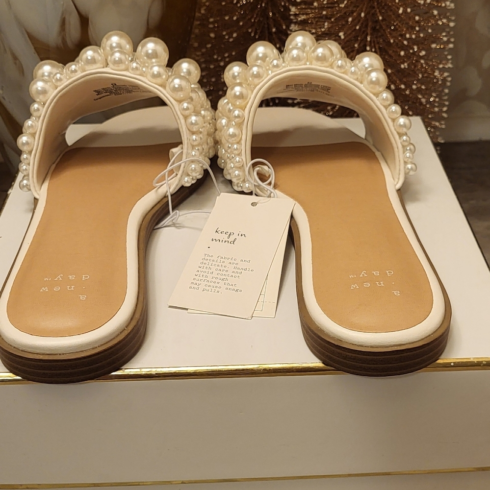 A Dew Day, Pearl Embellished Cream Sandals - Picture 4 of 9